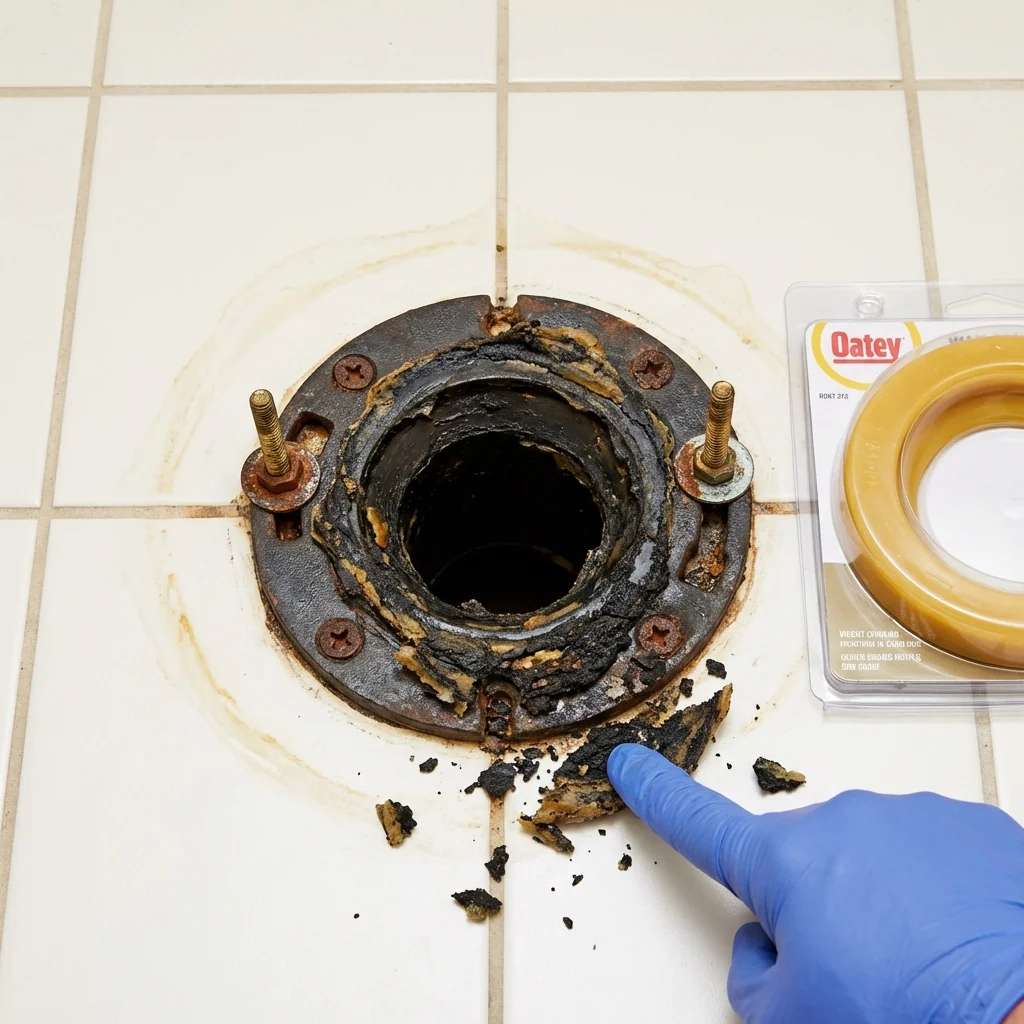 Failed wax ring showing water seepage at the base of a toilet in a Toa Alta, PR home