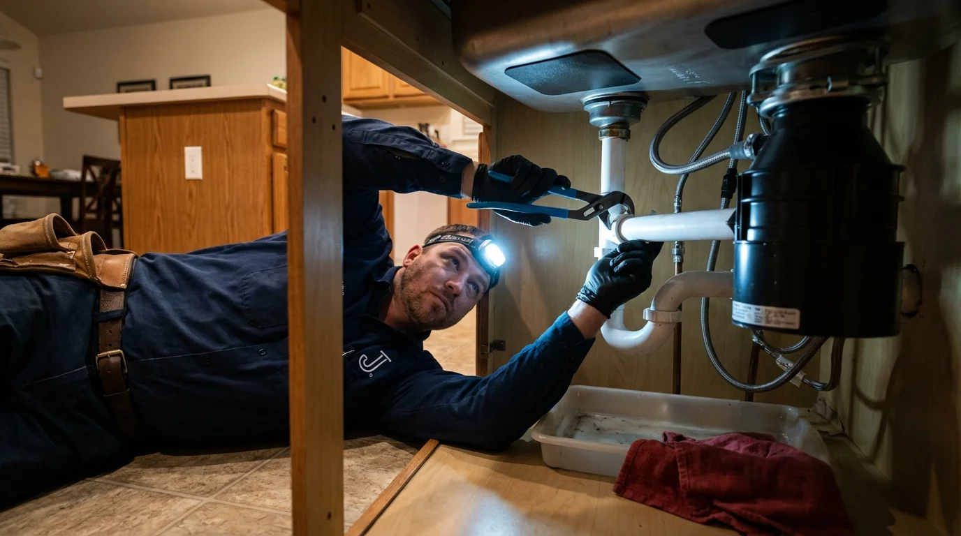 P-trap and supply line connections under a kitchen sink showing a common leak point in Toa Alta, PR